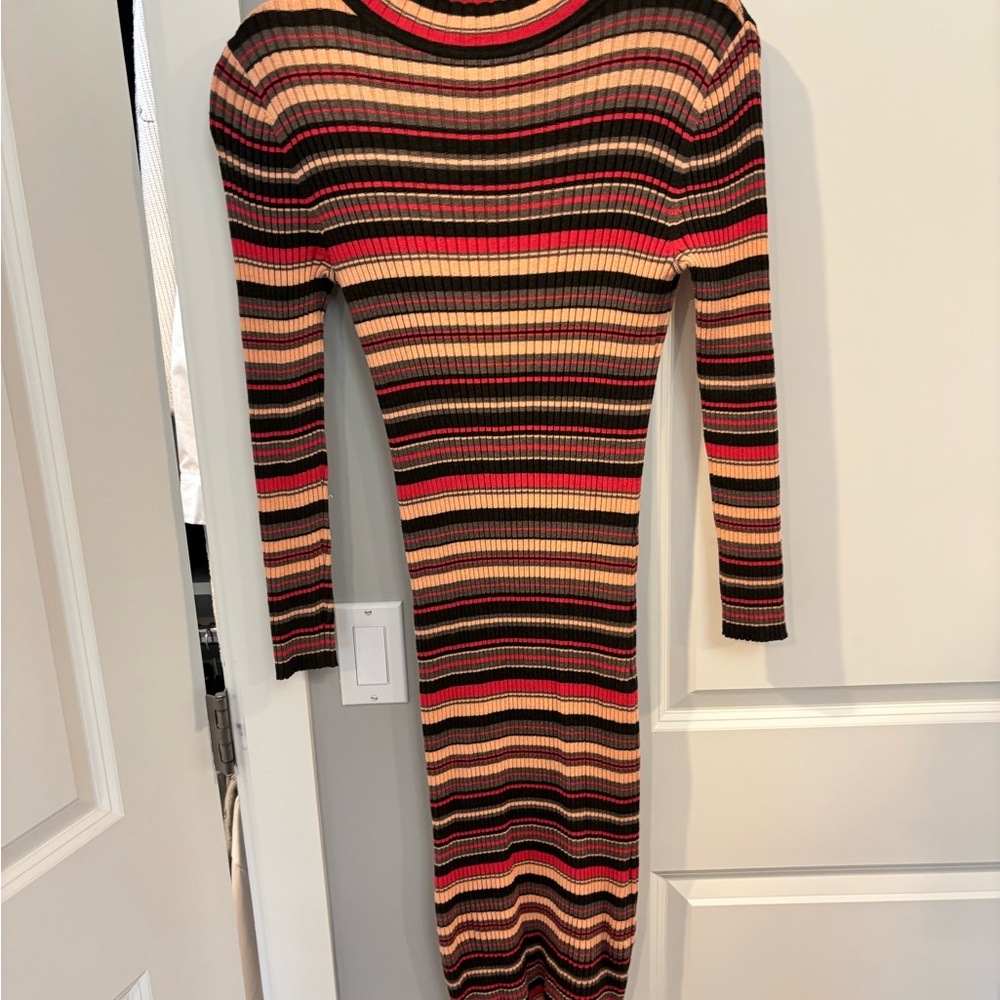 Maggy London Striped Ribbed Bodycon Dress in Black, Beige & Red